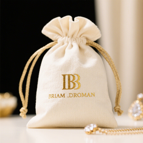 Branded Cotton Jewelry Bag with Ruffle Edge and Gold Stamp for Luxury Gift Packaging As Canvas Drawstring Pouch