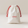 Organic Cotton Drawstring Pouch Red String Soft Bleached White Custom Jewelry Bag for Gifts and Retail