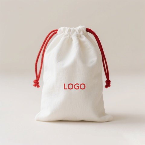Organic Cotton Drawstring Pouch Red String Soft Bleached White Custom Jewelry Bag for Gifts and Retail