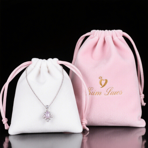 Custom White and Pink Velvet Jewelry Pouch for Women Personalized with Logo Faux Suede Bag for Gift Packaging