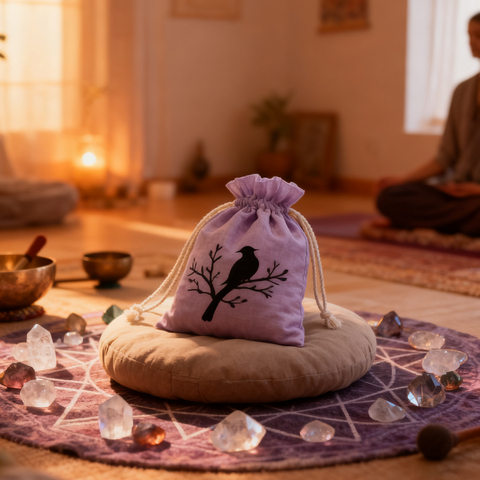 Pure Organic Cotton Drawstring Pouch for Crystal Storage and Yoga Studio Essentials with Calming Print Cotton Bag