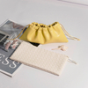 Custom Emboss Lady PU Leather Drawstring Cosmetic Pouch Beige Yellow Luxury Makeup Gift Shopping Dust Leather Bag