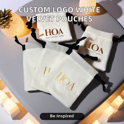 Recyclable Custom Printing Logo White Velvet Bag Flannelette Jewelry Pouch Perfume Candle Pearl Velvet Drawstring Pouch