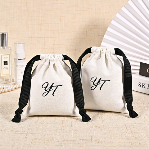 Custom Logo Printed Recyclable Small Twill Cotton Screen Printing Cotton Drawstring Pouch Jewelry Bag for Ring Glasses Earrings