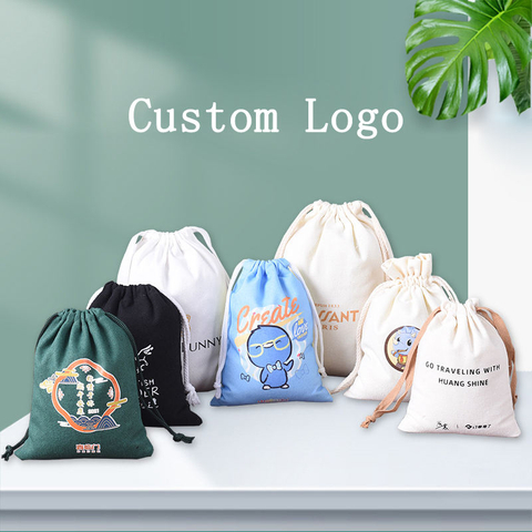 Custom Printing Cotton Drawstring Pouch Portable Small White Cloth Canvas Drawstring Bag More Size Linen Drawstring Bags