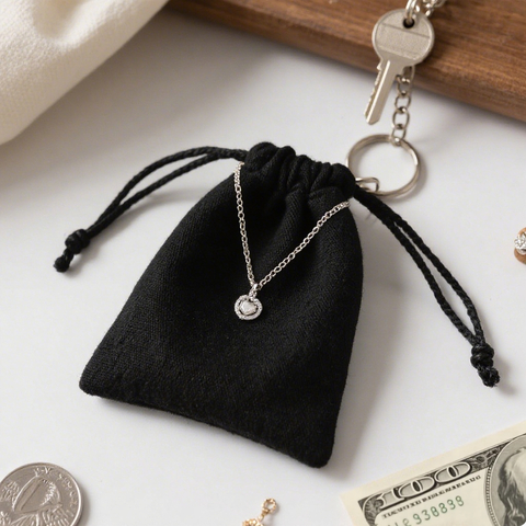Custom Black Cotton Coin Pouch for Cash and Jewellery Small Drawstring Bag for Valuables Keychain Money Holder