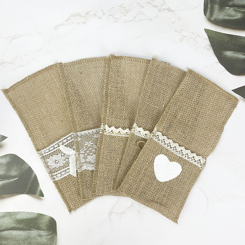 Vintage Wedding Decor Natural Burlap Jute Hessian Silverware Napkin Holders Cutlery Pouch with Custom Logo Embossed Bow Placemat