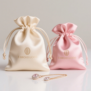 Satin Jewelry Pouch and Silk Bag Custom Logo for Luxury Gift Packaging with Drawstring Closure in Beige and Blush Pink