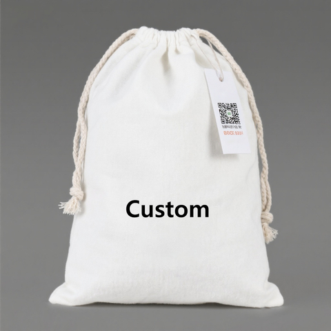 Customizable Cotton Drawstring Pouch with QR Code Information Label OEM Plain White Cotton Bag for Packaging