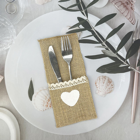 Wholesale Price Cutlery Holder Pouch Bag Lace Linen Burlap Jute for Party Knife Fork Spoon Package Custom Logo