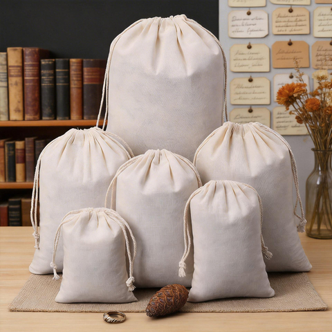 Hot Sale Eco Reusable Organic Cotton Linen Jewelry Gift Bag Muslin Canvas Organic Cotton Drawstring Bag