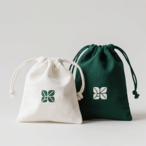 Cotton Jewelry Pouch Drawstring Bag with Linen Fabric Custom Logo Recyclable Eco-Friendly Gift Packaging in White Dark Green