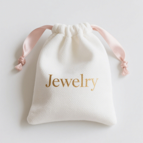 Wholesale Custom Gold Foil Stamping Organic Cotton Canvas Drawstring Bag Cotton Jewelry Gifts Dust Bag With Pink Ribbon