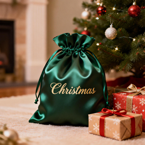 Custom Printing Logo Green Silk Satin Jewelry Bag Drawstring Bag Cosmetic Christmas Gift Packaging Bag
