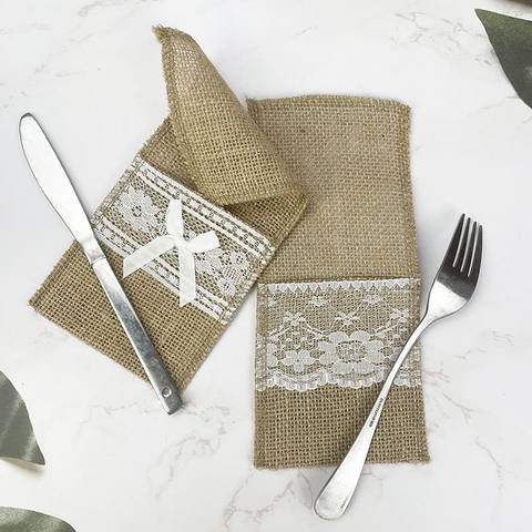 Vintage Wedding Decor Natural Burlap Jute Hessian Silverware Napkin Holders Cutlery Pouch with Custom Logo Embossed Bow Placemat