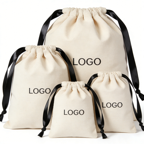 Custom Reusable Cotton Canvas Linen Ribbon Dust Bag Cotton Cosmetic Drawstring Ribbon Bag Jewelry Pouch