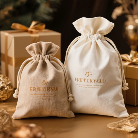 Luxury Linen Cotton Blend Canvas Bag and Large White Muslin Pouch Two Tone Custom Drawstring Bag for Gift Packaging