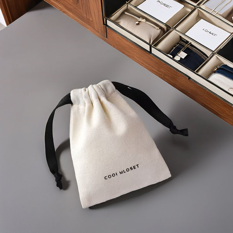 Custom Printed Cotton Jewelry Packaging Pouch Dust-Proof Drawstring Gift Bag with Ribbon for Rings and Bracelets