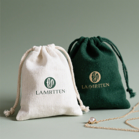 Cotton Jewelry Pouch and Drawstring Bag Custom Logo with Linen Fabric for Eco Friendly Packaging in White and Dark Green