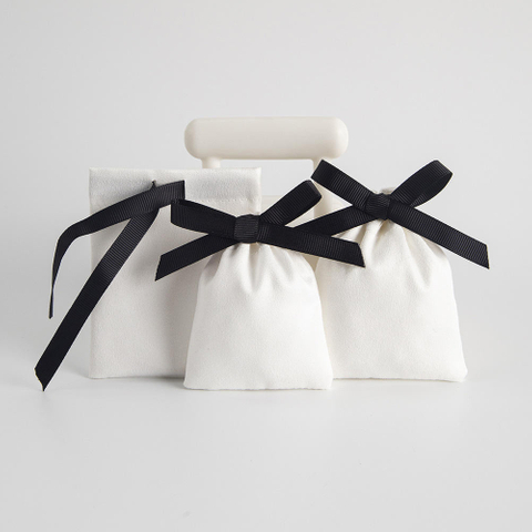 Wholesale Custom Logo White Earring Cellphone Cotton Bag With Ribbed Band Makeup Linen Jewelry Cotton Pouch Packaging