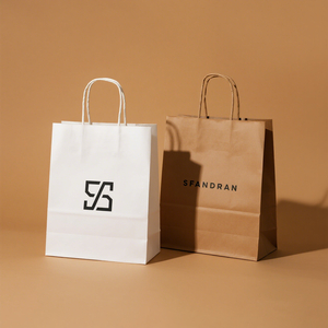 Custom White and Brown Kraft Paper Twisted Handle Shopping Carrier Bag With Logo Printed
