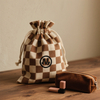 Organic Brown Waffle Weave Cotton Cosmetic Bag Plaid Linen Cotton Pouch with Double Side Logo for Luxury Brand Gifts