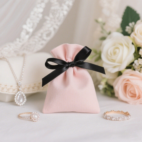 Pink Cotton Jewelry Bag with Black Ribbon 10x12cm Small Gift Pouch for Wedding Bridesmaid Jewellery Favors