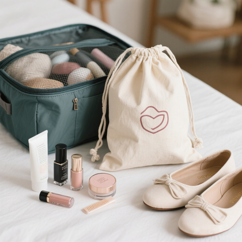 GOTS Organic Cotton Canvas Cosmetic Bag with Drawstring for Women Makeup Toiletries and Shoe Storage Travel Organizer