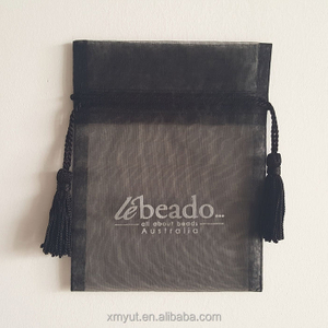 Gift Bag with Tassel Custom Printed Organza Drawstring Recyclable Black Color or Customized Screen Printing,hot Stamping Accept