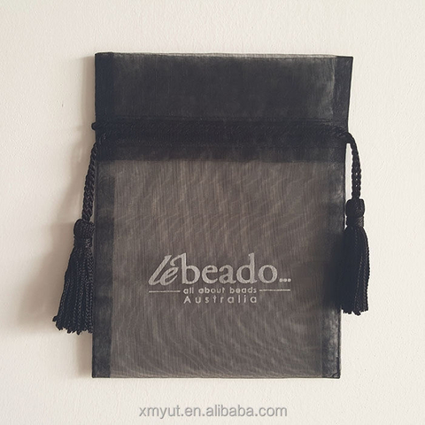 Gift Bag with Tassel Custom Printed Organza Drawstring Recyclable Black Color or Customized Screen Printing,hot Stamping Accept