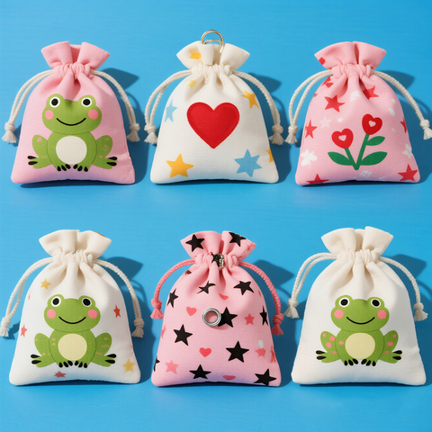 Custom Cute Mini Cotton Jewelry Pouch Printing Frog Star Heart for Small Rings Earrings Charms Party Favor Packing