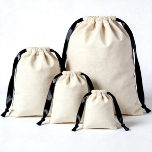 Custom Reusable Cotton Canvas Linen Ribbon Dust Bag Cotton Cosmetic Drawstring Ribbon Bag Jewelry Pouch