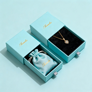 Custom Printed Blue Microfiber Jewelry Pouch and Paper Cardboard Drawer Box Personalized Gold Logo Jewelry Packaging Box