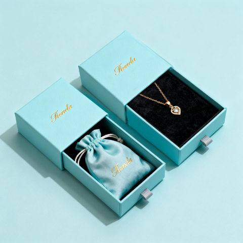Custom Printed Blue Microfiber Jewelry Pouch and Paper Cardboard Drawer Box Personalized Gold Logo Jewelry Packaging Box
