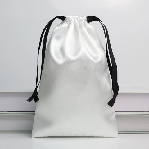 Custom Printing Logo White Satin Drawstring Dust Bag Reusable Luxury Silk Satin Lingerie Packing Shopping Pouch