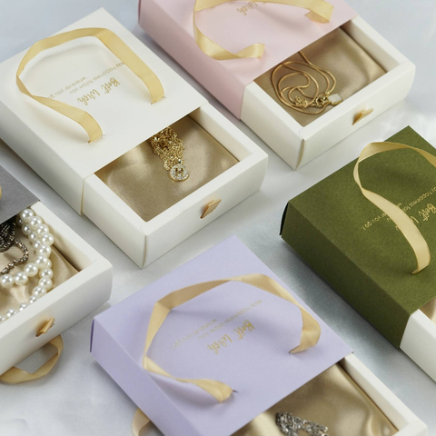 Customized Logo Portable Ribbon Drawer Gift Box Necklace Earring Ring Bracelet Packing Box Earring Storage Accessories Soft Box