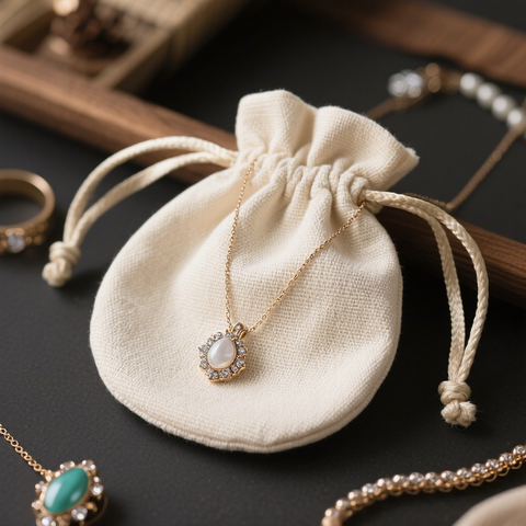Round Cotton Canvas Jewelry Drawstring Pouch for Costume Jewelry Storage or As a Pretty Gift Bag with Cotton Rope