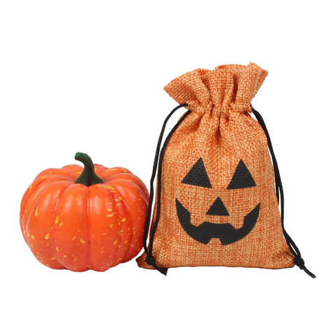 Eco-Friendly Linen Small Sachet Custom Logo Printed Helloween Candy Pumpkin Linen Pouch Drawstring Gift Jute Bags Rings Glasses