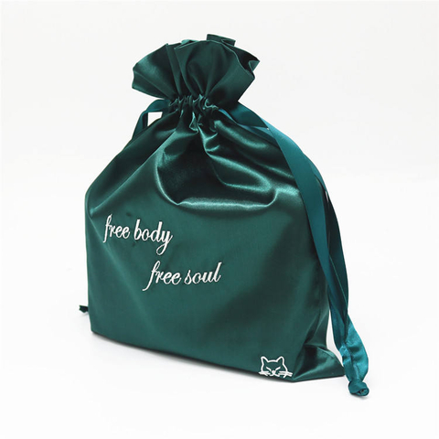 Custom Dark Green Satin Drawstring Bags with Embroidery Smooth Silk Lingerie Dust Storage Stylish Gift Satin Bags