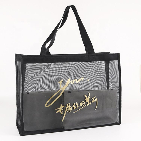 Stylish Black Nylon Polyester Dot Drawstring Beach Tote Bag Reusable Custom Screen Printing Carton Woven Logo Supermarket