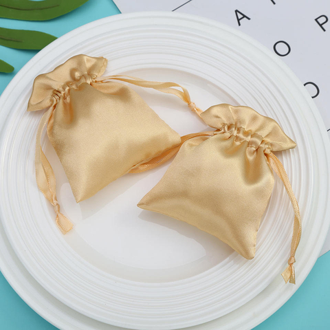 Luxury Gold Soft Small Silk Fabric Perfume Gift Packaging Pouch Custom Printed Logo Satin Dust Jewelry Drawstring Bag
