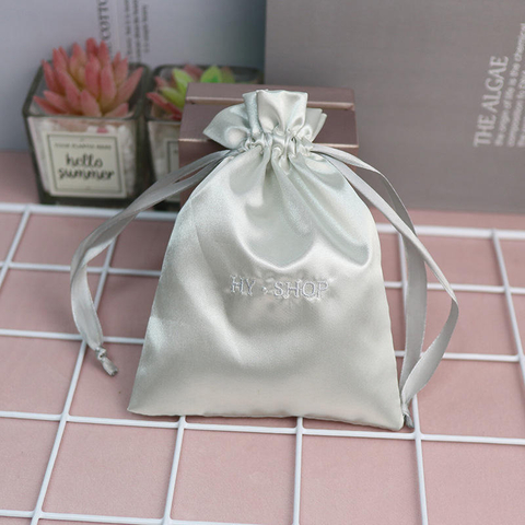 Custom Luxury Silk Satin Pouch Jewelry Gift Storage Bag Drawstring Satin Jewelry Gift Bags With Embroider Logo