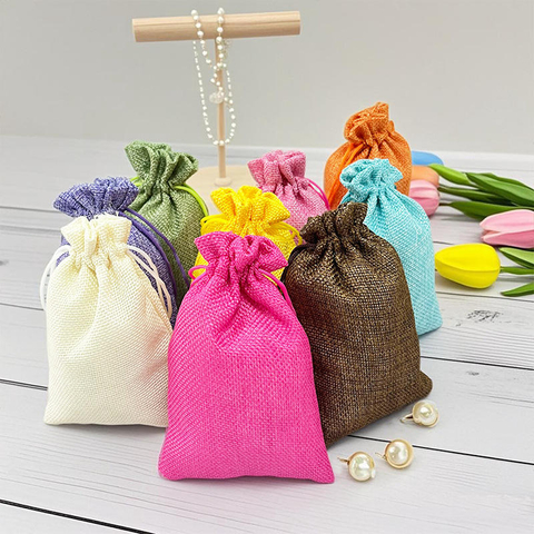 Custom Printed Logo Natural Linen Fabric Packaging Pouch Friendly Drawstring Jute Bags Jewelry Packaging Pouch
