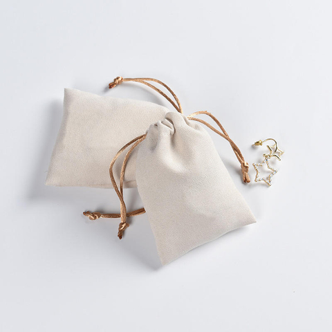 Luxury Beige Soft Suede Jewelry Pouch Custom Print Drawstring Suede Bags Dust-proof Gift Ring Earring Cosmetic Packaging Bag