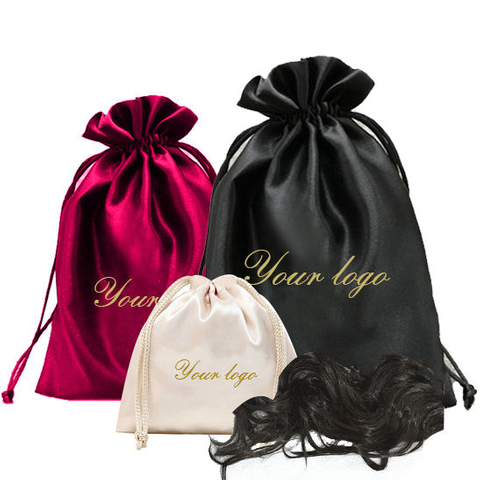 Custom Logo Large Satin Drawstring Bag Eco-Friendly Reusable Hair Bundle Packaging for Jewelry and Gifts