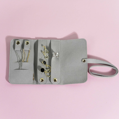 Custom Logo Luxury Suede Velvet Microfiber Jewelry Storage Case Gray Roll Bag Travel Organizer Customized Logo Jewelry Container