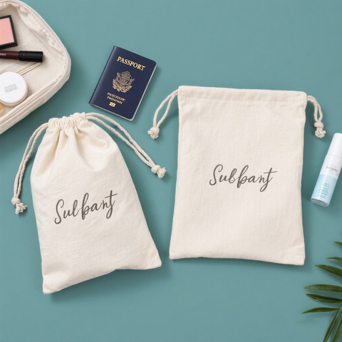 Cotton Travel Pouch for Toiletries & Passport Custom Cosmetic Cotton Drawstring Bag Organizer with Personalized