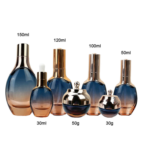 Deluxe 30 50g 30 50 100 150ml Empty Glass Cosmetic Bottles Round Blue Orange Skin Care Lotion Cream Packed with Pumps Packaging