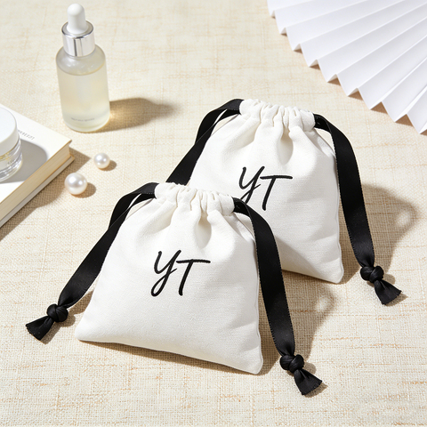Custom Logo Printed Recyclable Small Twill Cotton Screen Printing Cotton Drawstring Pouch Jewelry Bag for Ring Glasses Earrings