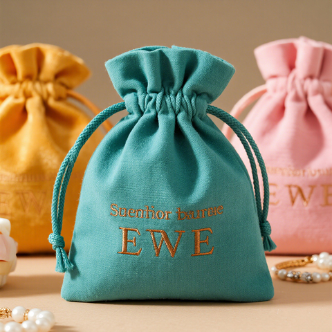 Custom Logo Printed Cotton Gift Jewelry Storage Organic Canvas Cloth Fabric Cotton Small Drawstring Dust Pouch Bag